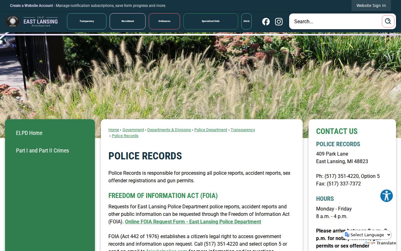 East Lansing Police Records route for Ingham County arrest history
