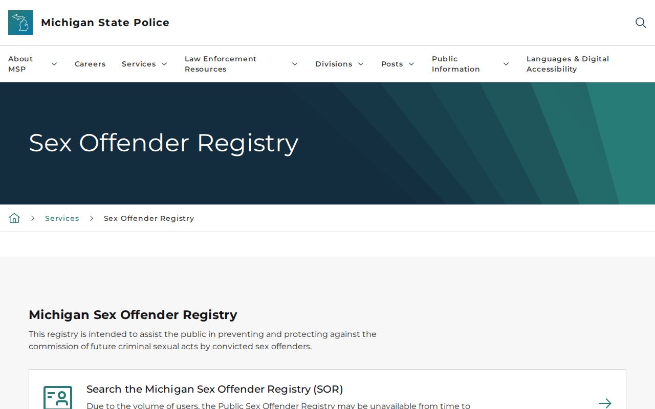 Michigan State Police guidance for Ingham County sex offender registry profiles